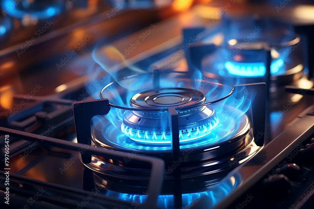 Burning gas burner in the kitchen, close-up, selective focus Burning gas burner in the kitchen, close-up, selective focus