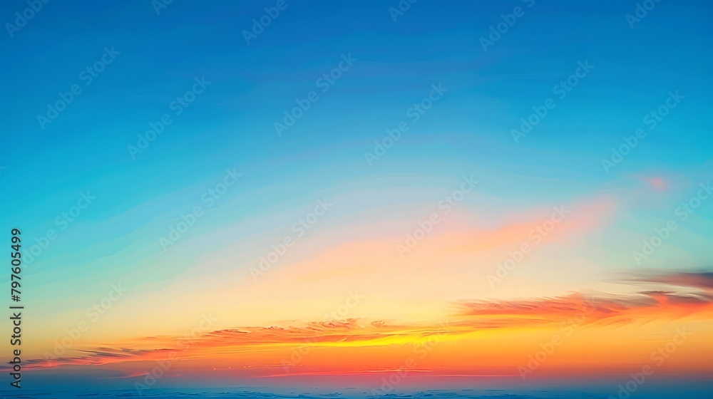 At sunset, the sky displays a beautiful gradient of orange to blue, creating a breathtaking and picturesque view.