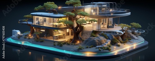 Futuristic isometric 3D design of a smart home on a private island, with innovative tree designs and a hightech ambiance, targeting techsavvy audiences photo