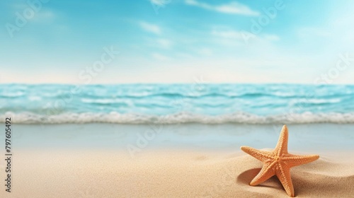 A serene beach background with soft sand texture, featuring a starfish prominently in the foreground, ample copy space on the side for text © reels
