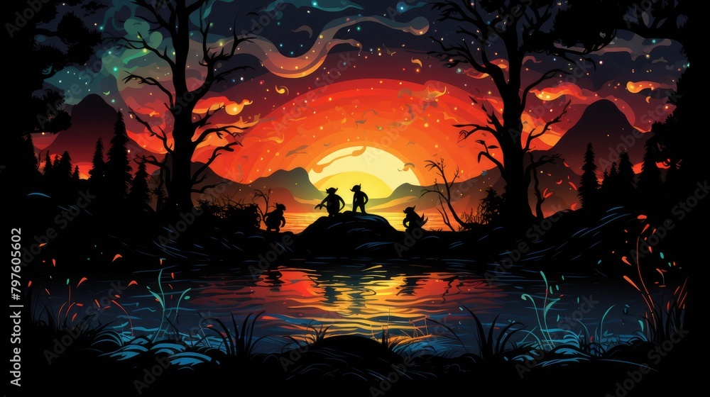 a illustration shows a fire with the silhouettes of several salamanders dancing within it