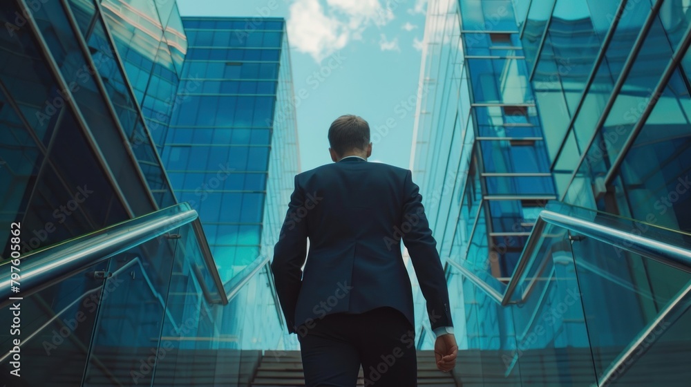 Fototapeta premium young businessman walking up the stairs in front of a modern office building. back view