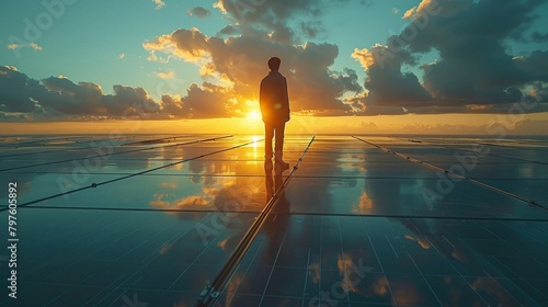 On the rooftop, the engineer integrates solar arrays, catalyzing a solar-powered future. photo