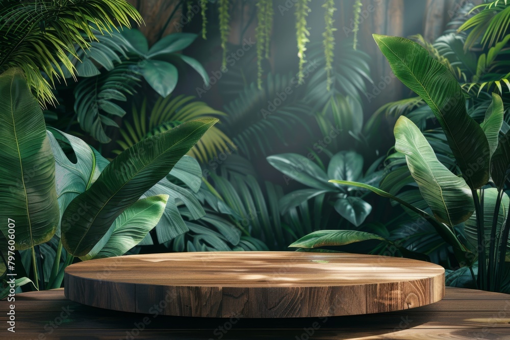 3D rendering of an empty wooden podium in a tropical jungle with large leaves 3D rendering of an empty wooden podium in a tropical jungle with large leaves