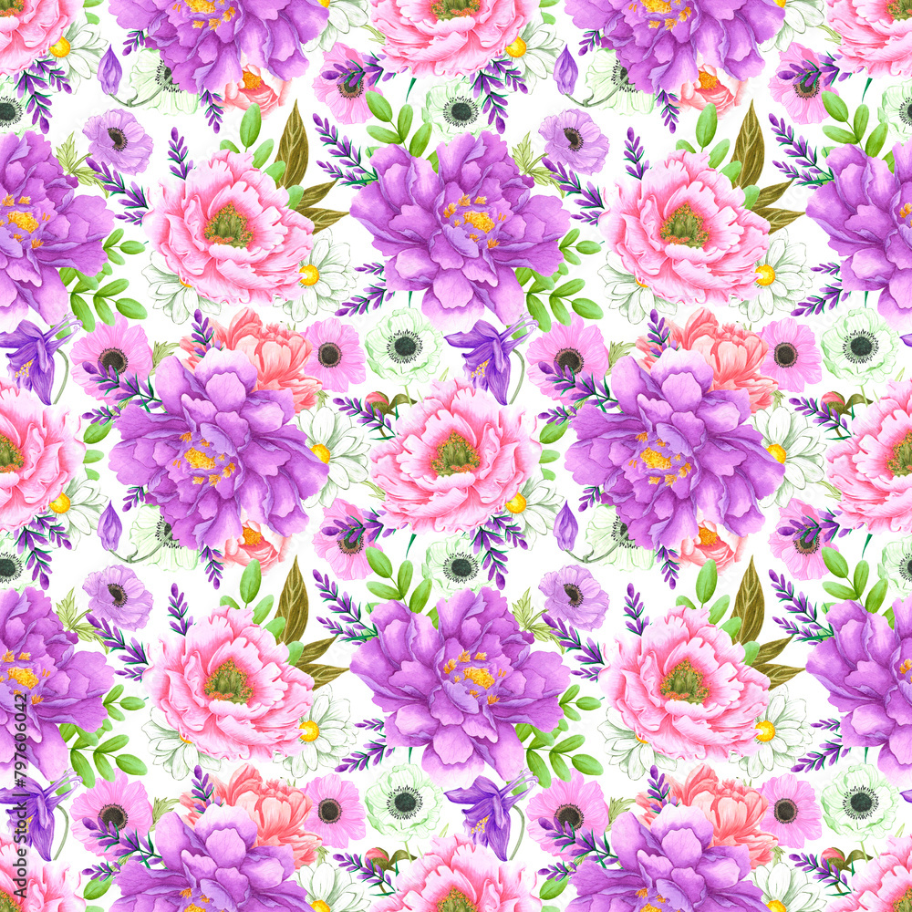 Hand drawn watercolor peony and anemone flowers bouquet seamless pattern isolated on white background. Can be used for textile, scrapbook and other printed products.