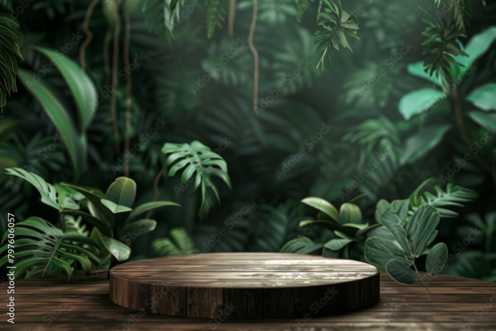 3D rendering of an empty wooden podium in a tropical jungle with large leaves 3D rendering of an empty wooden podium in a tropical jungle with large leaves