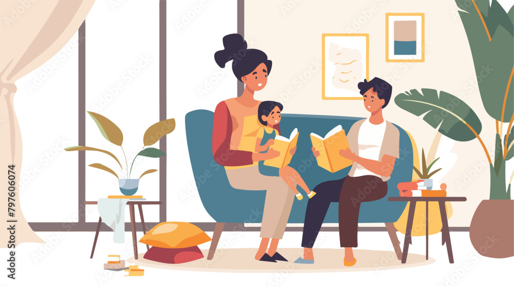 Stay home concept. Mother with kids reading a book. style