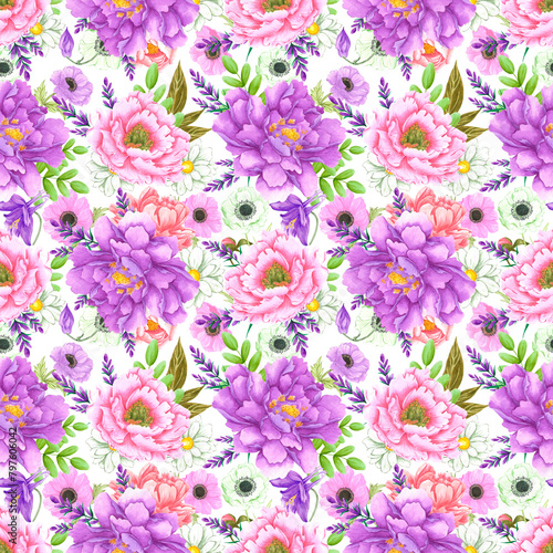 Hand drawn watercolor peony and anemone flowers bouquet seamless pattern isolated on white background. Can be used for textile, scrapbook and other printed products.