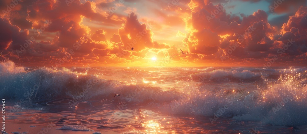 Fototapeta premium Seagulls call in the distance, their cries blending harmoniously with the evening's tranquil symphony. 