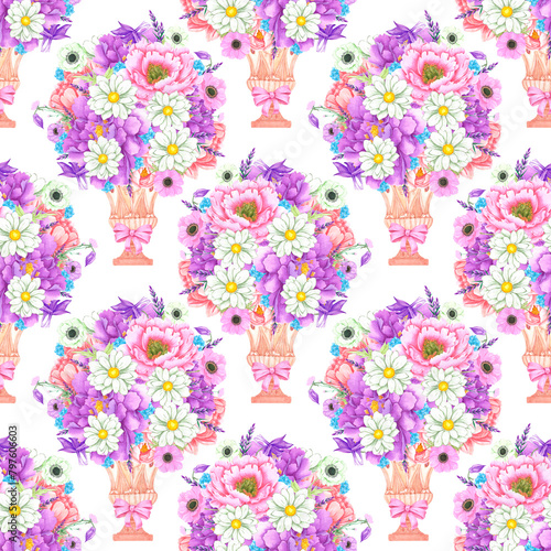 Hand drawn watercolor peony anemone and chamomile flowers bouquet in a goblet seamless pattern isolated on white background. Can be used for textile, scrapbook and other printed products.