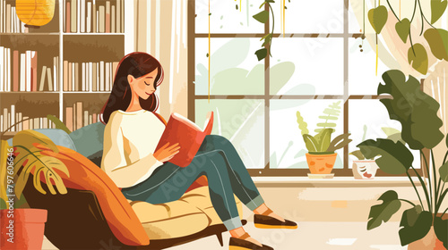 Stay home concept. Woman reading a book in cozy moder