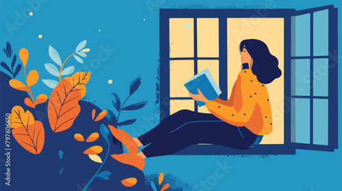 Stay home concept. Woman reading a book in the window