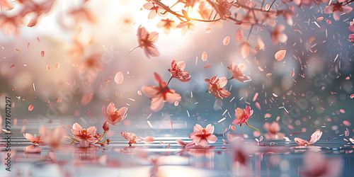 Cherry blossom and pink petals and flowers falling on surface of blue water of lake. Sakura flower background. For puzzles, banner, advertising or design. Generation Ai.