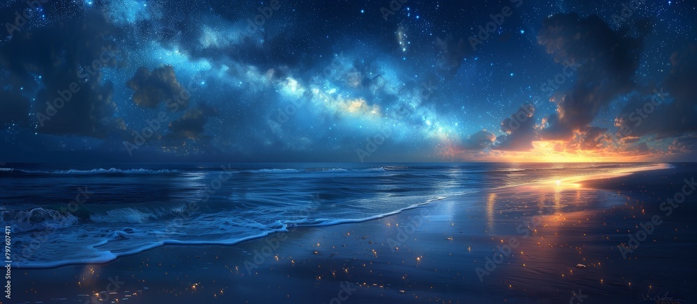 The coastline stretches out, kissed by the evening tide, as stars begin to emerge in the velvety night sky. -