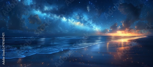 The coastline stretches out  kissed by the evening tide  as stars begin to emerge in the velvety night sky. -