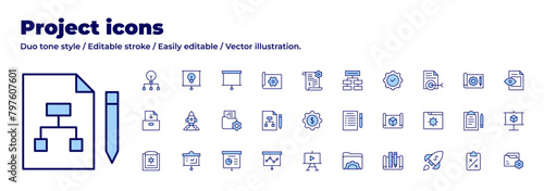 Project icons collection. Duo tone style. Editable stroke, gear, multimedia, presentation, project, report, physics, project plan, project launch, projector screen.
