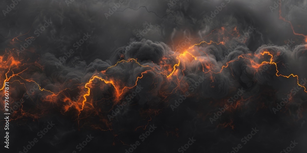 Dramatic black clouds, smoke and lightning for pattern background. A burning sky in a horror movie. Crimson storm in apocalyptic, judgment day. High quality photo