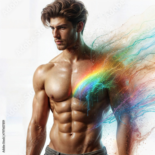 a burly man wearing no shirt, A rainbow of light bathed his body, White background.