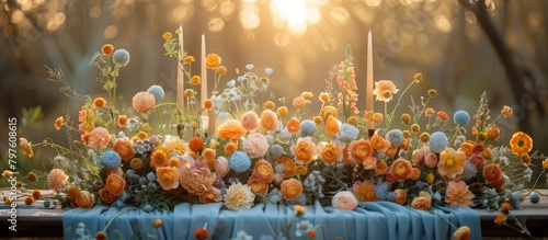 The table is decorated with a profusion of wildflowers, their colors mirroring the sunset's fading brilliance.  photo