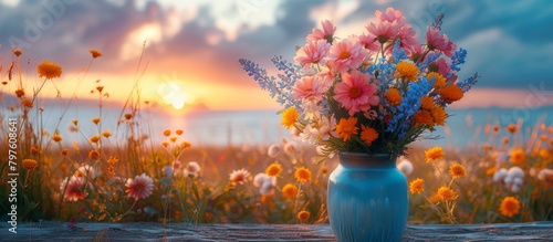 The table is decorated with a profusion of wildflowers, their colors mirroring the sunset's fading brilliance. photo