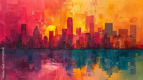 Vibrant hues depict a dreamlike scene of urban skyscrapers and Texas prairie landscapes  a unique abstraction. 