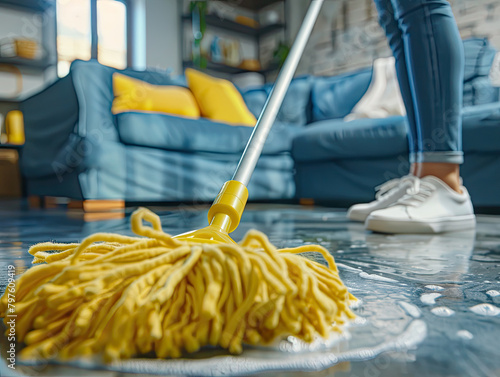 Person cleaning tiled floor with yellow mop in living room with blue sofa and yellow cushions. Household chores and home maintenance concept with focus on floor cleaning. Ai