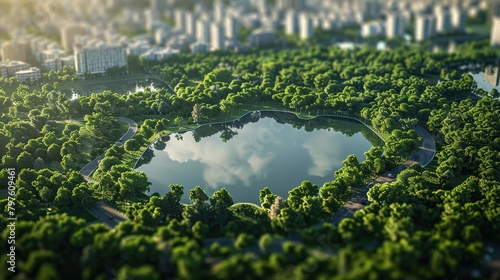 A photo of Central Park, a large park in the middle of Manhattan, New York City. There is a large pond in the middle of the park surrounded by many trees. There are tall buildings surrounding the park