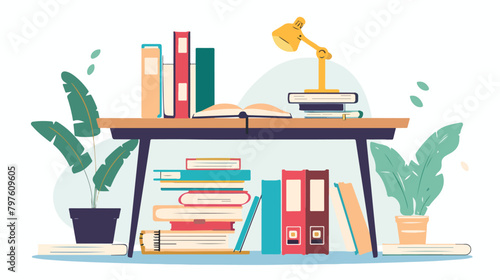 Studying table with books and different folders. Conc