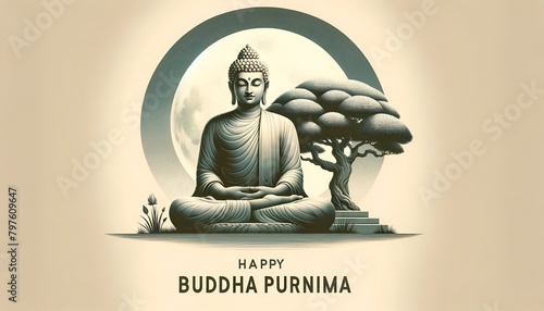 Happy buddha purnima card illustration with buddha statue on full moon night.
