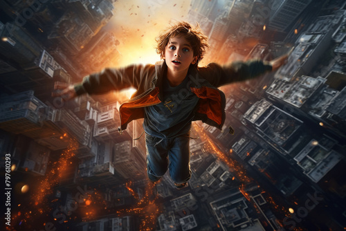 Fantasy low angle view of an exciting kid, wearing a backpack, fly in the sky with destroying and falling skyscraper building atmosphere.