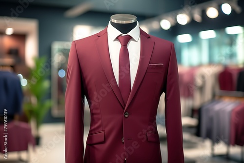 Red suit with necktie on a mannequin in a fashion store © Creative