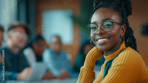 At a modern conference table, a black young woman leads a team meeting with confidence, her smile conveying both professionalism and approachability as she discusses project milest photo