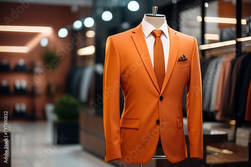 Orange suit with necktie on a mannequin in a fashion store