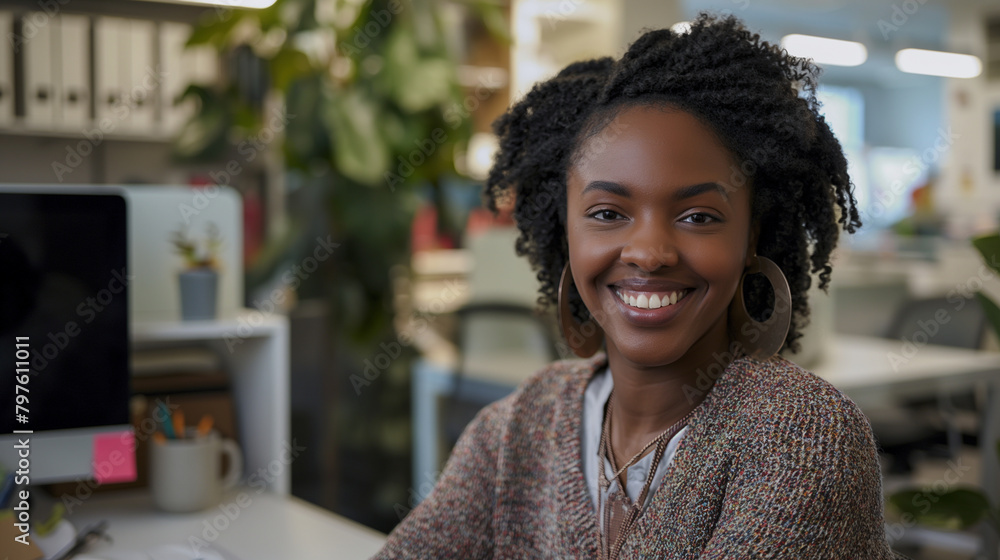 Fototapeta premium At the heart of a modern office hub, a black young woman sits at her desk, her smile a testament to her passion for her work as she delves into a challenging project with determina