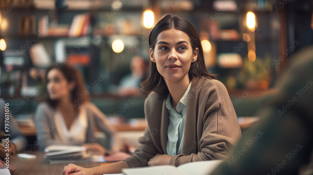 In a cozy conference room with plush seating and soft lighting, a young woman guides her team through a business meeting, her confident demeanor and attentive listening fostering a In a cozy conference room with plush seating and soft lighting, a young woman guides her team through a business meeting, her confident demeanor and attentive listening fostering a