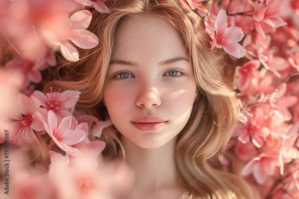 A beautiful young girl with light blue eyes surrounded by pink cherry blossoms with sunlight filtering through A beautiful young girl with light blue eyes surrounded by pink cherry blossoms with sunlight filtering through