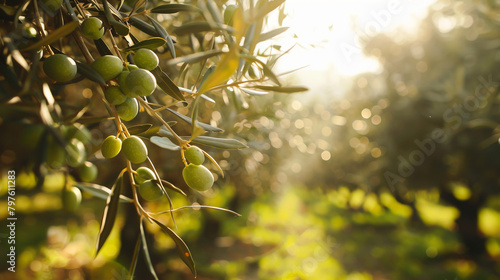 In a sun-drenched olive grove, the air is heavy with the scent of peppery olive oil as farmers carefully harvest plump olives, photo