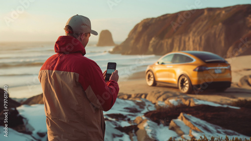 In a scenic coastal town, a man enjoys a leisurely moment next to his electric car while it charges by the beach, holding a smartphone in his hand as he captures photos of the pict