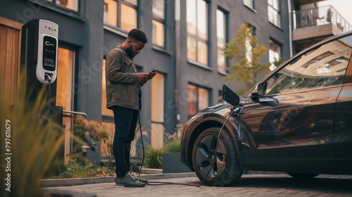 At a sleek and modern charging station in an urban plaza, a man stands casually next to his electric car, holding his phone in hand as he checks the latest news updates or catches
