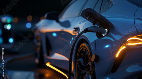 The charging port of an electric car, illuminated by soft LED lights, connects seamlessly with the charging station, showcasing the sleek and futuristic design of eco-friendly tran
