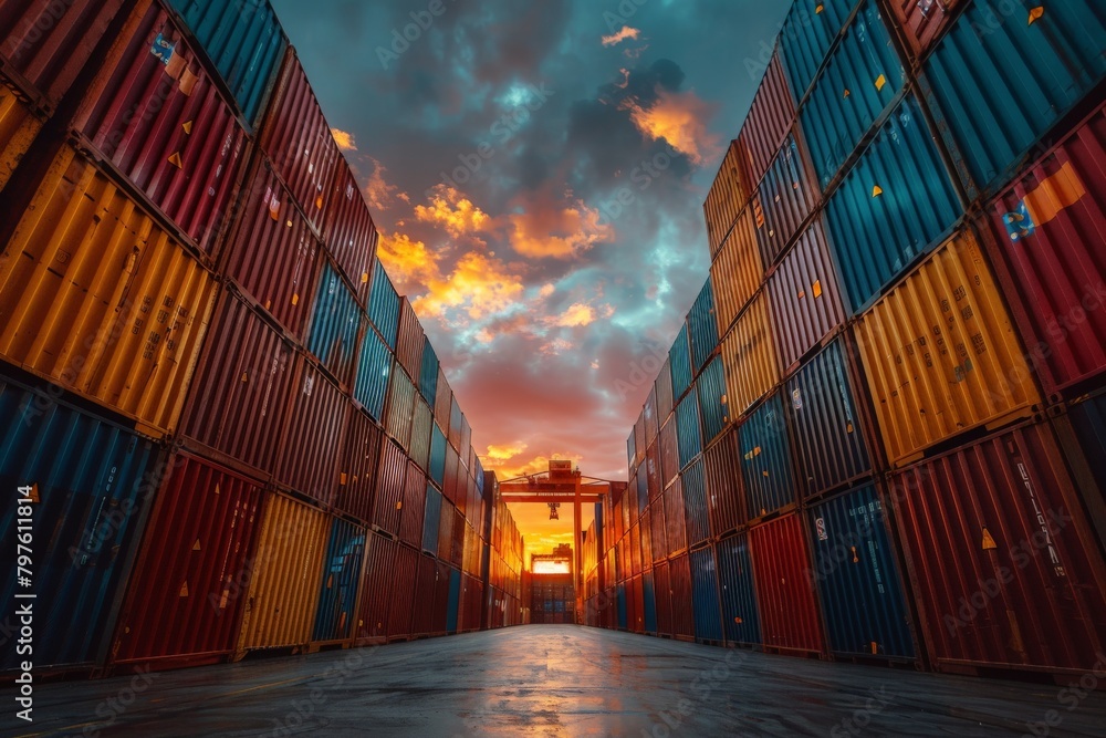 Fototapeta premium The warm golden sunset sky peeks through the towering stacks of colorful cargo containers in an industrial area