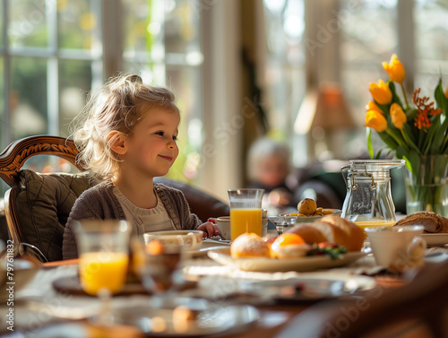 Little girl enjoying a sunny breakfast at a family table with fresh juice and pastries