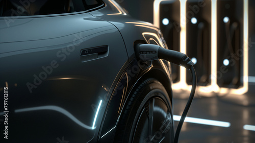 The electric car's charging port, bathed in soft ambient light, captures the essence of progress and sustainability, inviting viewers to embrace the future of transportation with e