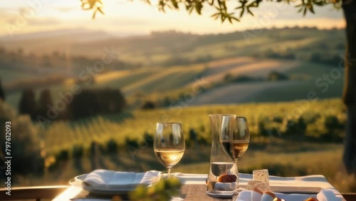 an al fresco dining menu with a picturesque view of rolling hills in the background. . photo