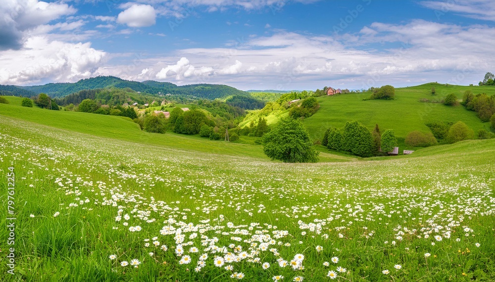 Fototapeta premium Beautiful spring and summer natural panoramic pastoral landscape with blooming field of daisies in the grass in the hilly countryside.