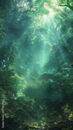 Mystical forest bathed in the light of cosmic rays, blending natural beauty with the enigmatic universe
