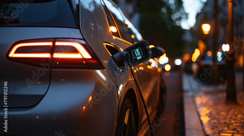 The electric car's charging port illuminated by a soft glow in the evening twilight, representing a beacon of hope for a cleaner and more sustainable future, powered by renewable e photo