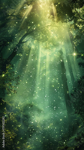 Mystical forest bathed in the light of cosmic rays  blending natural beauty with the enigmatic universe