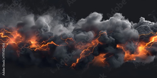 Dramatic black clouds, smoke and lightning for pattern background. A burning sky in a horror movie. Crimson storm in apocalyptic, judgment day. High quality photo