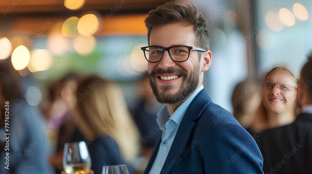 Happy Entrepreneur at Networking Event in Blurred Venue, Entrepreneur, networking event, blurred